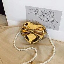 Holographic Pearl Strap Crossbody Bag With Bow & Heart Design, Girls Shoulder Bag