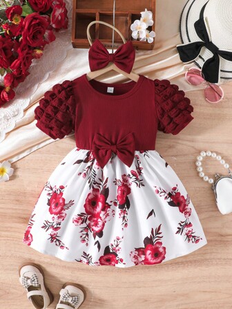 Infant/Toddler Girls' Floral Print Puff Sleeve Short Dress With Tiered Ruffles, Comes With Bow Headband, Elegant Princess Style For Outdoor Activities And Everyday Wear