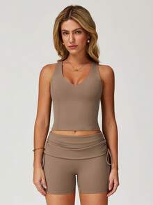 MASKERT "Bộ 2 món" Bộ đồ thể thao nữ, Bộ đồ tập yoga, Bộ đồ thể thao ngoài trời hai mảnh, Bộ áo vest lưng đẹp, Bộ đồ chạy bộ và thể dục co giãn cao, Thường ngày và thoải mái, Thân thiện với da - Màu nâu Sô-cô-la - Xem 3