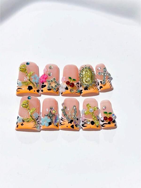 10 peças Y2K Duckbill Gradient Orange French Press On Nails feitas à mão, com cruz, rosa dourada, cereja, borboleta e decoração de diamante; Suprimentos para unhas, unhas caseiras, unhas postiças de acrílico DIY; Adequado para feriados, festas, uso diário; Inclui 1 folha de cola gelatinosa e 1 mini lixa