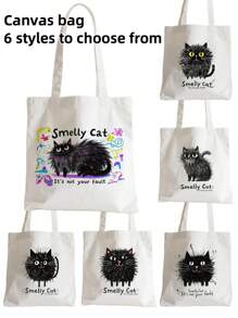 1pc Fashion "Smelly Cat" Printed Canvas Women's Handbag Shoulder Bag Tote Bag - Large Single Shoulder Handbag With Fixed Strap, Perfect For Shopping, Beach, Work, Travel, Fitness, Grocery And Outdoor Activities, Beach Tote Bag | Playful Printed Tote Bag | Sturdy Handle Handbag, Back To School Gift, Graduation Gift, Birthday Gift, Thanksgiving Gift, Teacher Gift, Christmas Gift, New Year Gift, First Choice Gift, Washable And Reusable