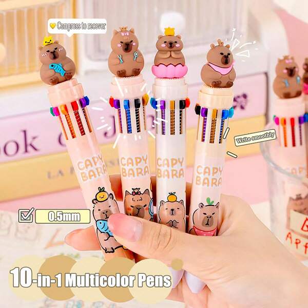2pcs/Set Random Colors Cute Capybara Animal Ten-Color Ballpoint Pen Handbook Pen Marker Pen School Supplies Office Stationery School Supplies, Back To School