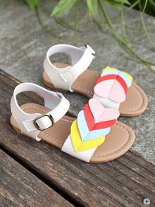 A Pair Of Girls' Summer New Sandals, Rainbow Heart Decoration Cute Open Toed Beach Shoes, Suitable For Beach, Travel Photography, School, Indoor - White - View 3