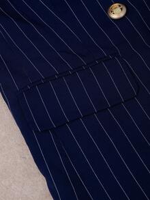 HOMEYEE Striped Suit Set, Double-Breasted Blazer & Trousers, Fitted Style, Versatile For Business, Casual And Holiday Occasions, 2 Pieces - Navy Blue - View 5