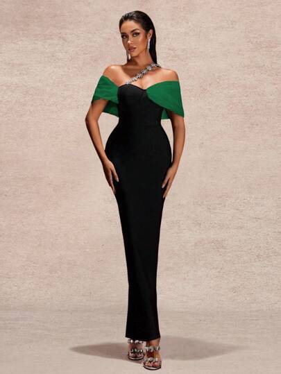 Autumn Colorblock Oblique Shoulder Rhinestone Chain Belted Formal Maxi Dress