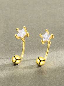 1 Pair Pentagram Cubic Zirconia Stainless Steel C-Shape Ear Studs, Daily Wear & Gift Idea For Women