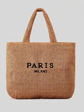 Bolso de playa de verano con estilo retro, de tejido hueco de paja, con estilo de vacaciones en la playa, de gran capacidad, con asa y bordado para madre