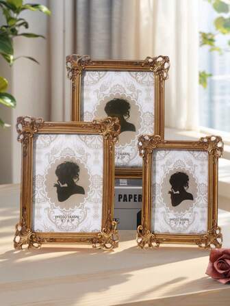 1 件复古花卉装饰相框，仿古 3D 花卉树脂材质相框，金色温馨家居桌面装饰照片展示和摄影道具