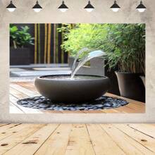 1pc Zen Garden Fountain With Water Design Backdrop Cloth,- Tranquil Japanese-Style Decor For Weddings, Anniversaries And Peaceful Celebrations, Bedroom Home Decoration, Party Background,No Electricity Needed, Bedroom Decoration Zen Garden Decor ,2D Flat,Notmulti-Layer Or Real Model