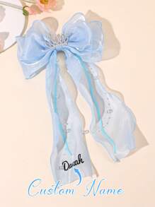 1 Stück individuell gestaltete blaue Mesh-Haarschleife für Mädchen, personalisierte Namenenschleife, Haarspangen mit glitzernder Strass-Krone, Quasten-Dekor, elegante Prinzessin Haarstyling-Clips, Sommer-Haarspangen, Kinderhaar-Accessoires
