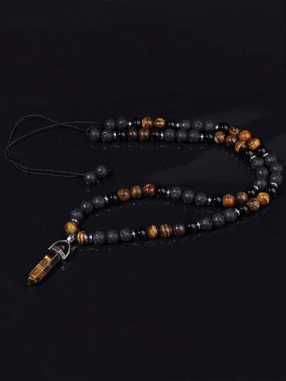 Men's Lava Stone Beaded Necklace - Tiger's Eye /Black Agate Pendant Necklace - Gift For Men - Bohemia Long Necklace - Jewelry Unisex Gifts For Husband, Boyfriend, Dad, Grandpa, Uncle