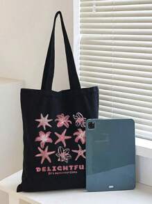 Starfish Print Tote Bag, Reusable Printed Women'S Tote Bag, Double Handle Shopping School Bag, Large Capacity Shoulder Bag, Casual Tote Bag, Christmas Storage Bag, Suitable For Commuting, School And Shopping, Convenient For Outdoor Use, Gift For Friends And Besties, Teacher Gift, Perfect Choice For Vacation And Festival, Best Teacher Christmas, Thanksgiving Gifts, Best Teacher Appreciation Gifts