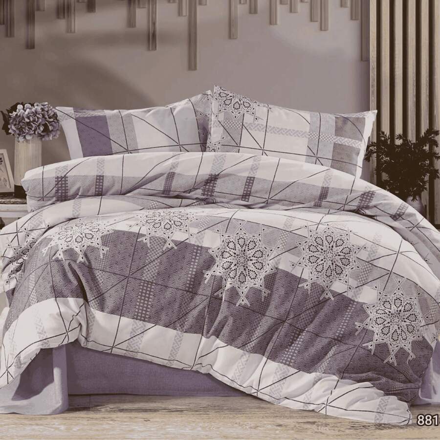 مصنوع في تركيا - طقم ملاءات سرير 65٪ قطن مع أغطية وسائد - مقاسات 160x220 و 200x220 - أنيق ، قابل للتنفس وطويل الأمد - الأرجواني - مشاهدة 1