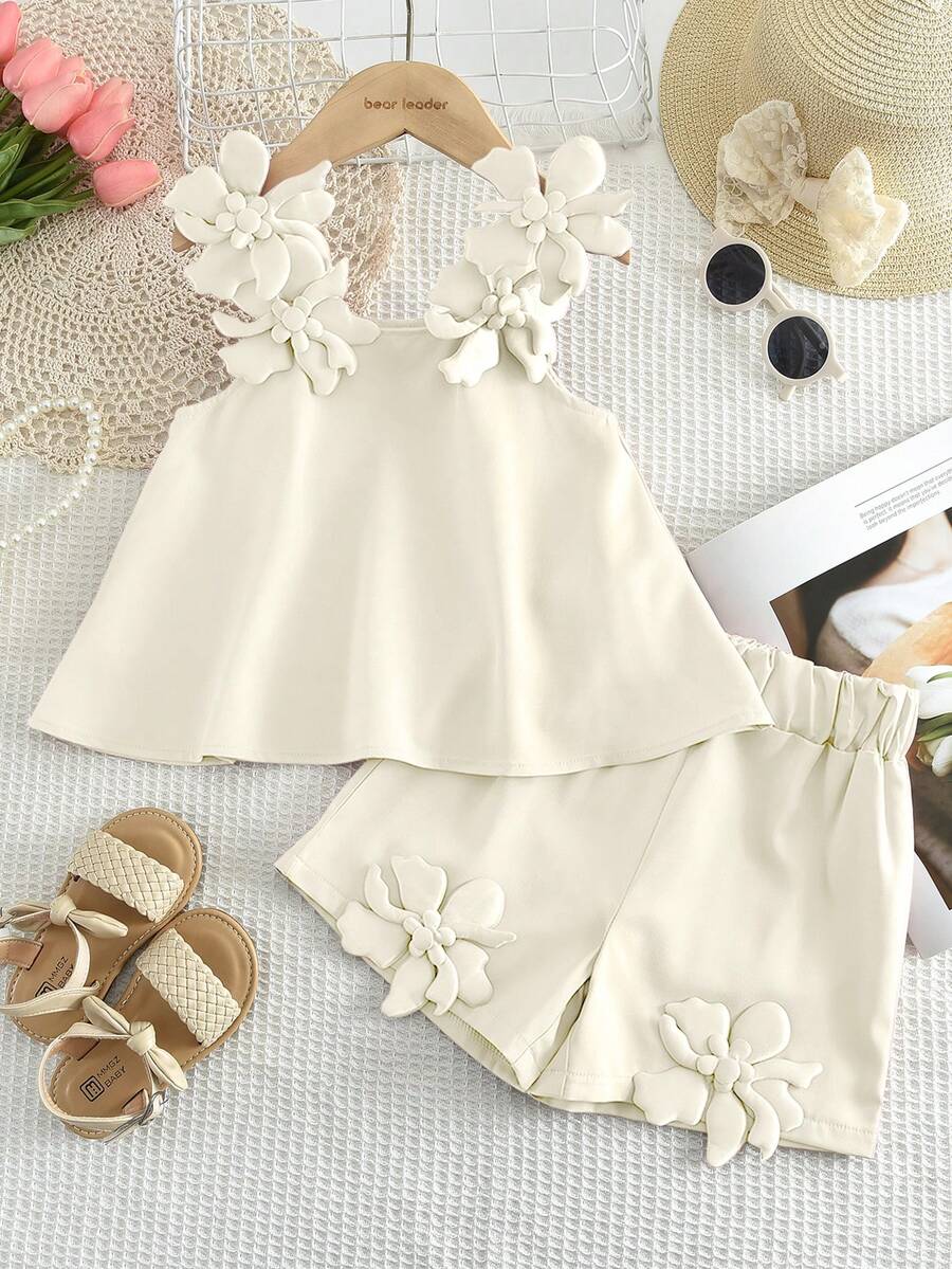 2pcs/Set Young Girl Summer Floral Decor Camisole And Shorts - Beige - View 1