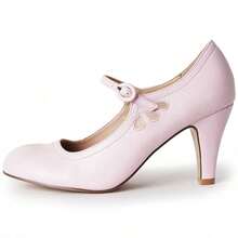Women Cutout Mary Jane Mid Heels – Round Almond Toe Vintage Cone Heel Pumps With Ankle Strap For Spring Summer Weddings, Parties, Bridesmaids, Office & Everyday Wear [Size Up Half Size] - 薰衣草 - 查看 2