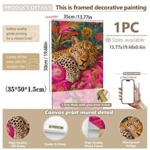 1pc, Canvas Hanging Picture, Framed, Vibrant Lion And Leopard Canvas Poster, Modern Art Wall Decor With Floral And Animal Patterns For Living Room, Bedroom, Bathroom, Home Office - Stylish Interior Home Decor, Room Decor
