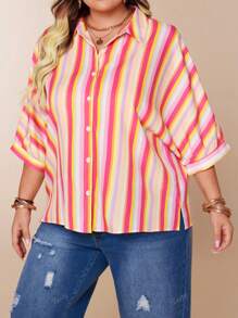 Casual Striped Shirt, Classic Single-Breasted, Drop Shoulder, Turn-Down Collar, Side Split Hem, Loose Fit, Summer Apparel, Plus Size Women