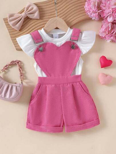 Set de 2 buc. bluză albă cu mânecă scurtă și pantaloni kaki cu bretele, vară ușoară, pentru fete mici