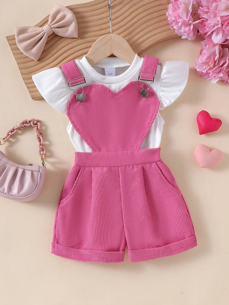 2 件幼儿女童休闲户外白色盖袖上衣 + 卡其色吊带裤套装，轻便夏季 - 玫紅色 - 查看 1