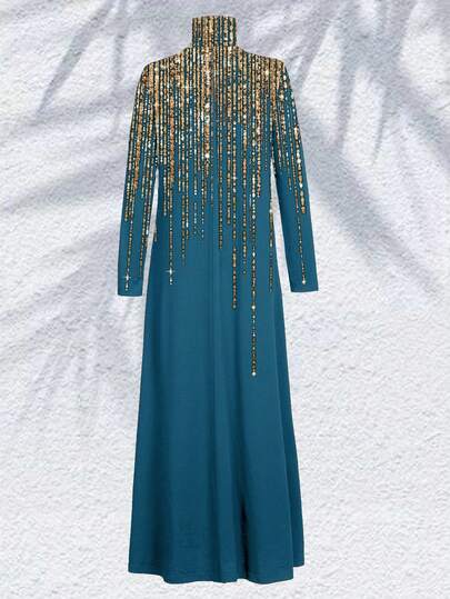 Women's Middle Eastern High Collar Long Sleeve Loose Floor-Length Dress, Suitable For Middle Eastern Festival Festival Abaya Robe Wedding