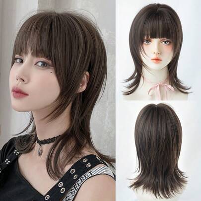 NAMM 16英寸优质棕色狼尾短假发，带刘海，深色发根，自然蓬松，采用非常柔软的耐热合成纤维制成，全机编织，美观大方，适合女孩日常佩戴、万圣节、音乐节派对、街头服饰、动漫角色扮演或服装搭配（自然层次感，轻盈舒适）。