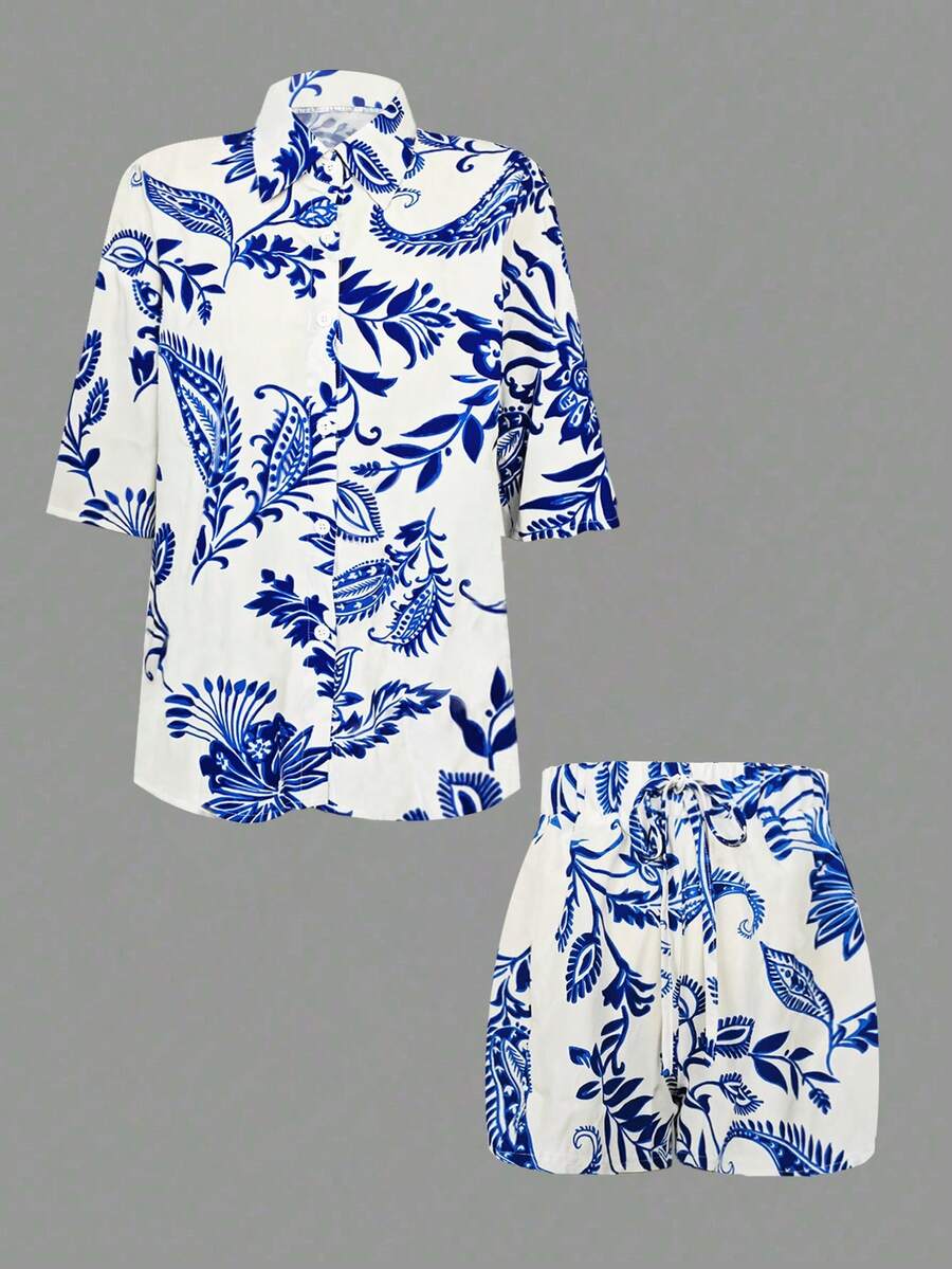 Women's Summer Printed Two Pieces Casual Shirt Short Resort Set - Multicolor - View 1