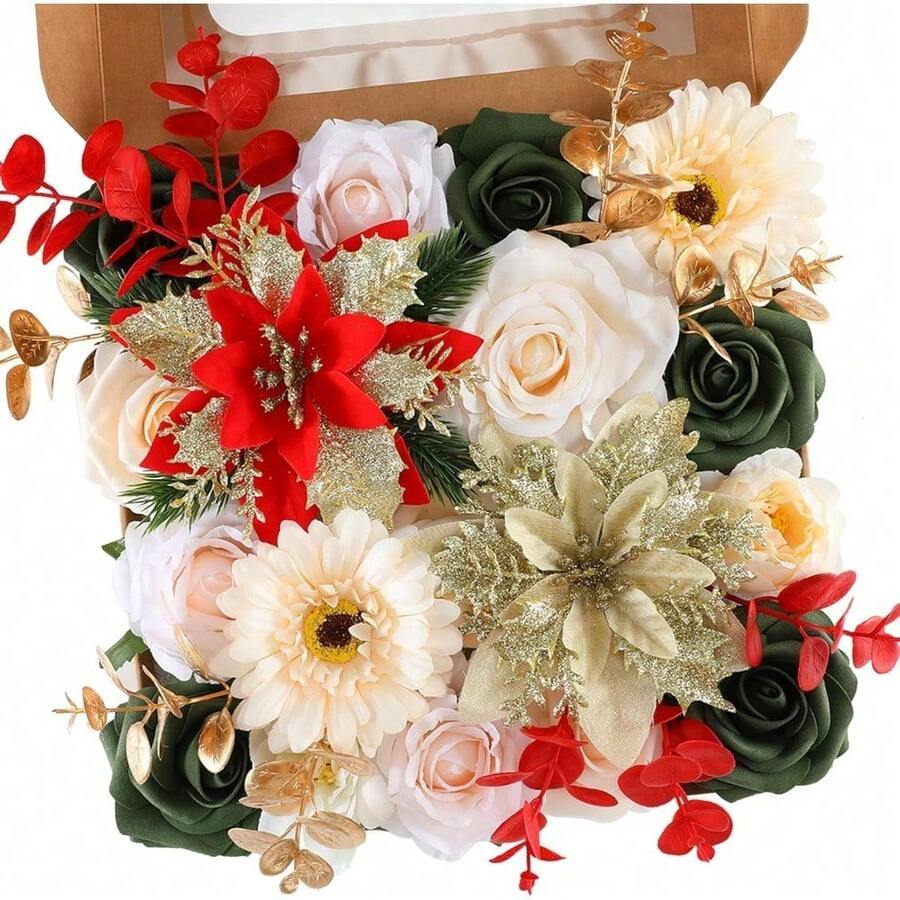 Artificial Flowers Combo, Champagne Silk Roses, Peonies, Dahlias With Stems For DIY Wedding Bouquets, Baby Shower, Table Centerpieces, Home Decor, Fake Floral Arrangements, Party Decorations - Gold Champagne Green - View 1