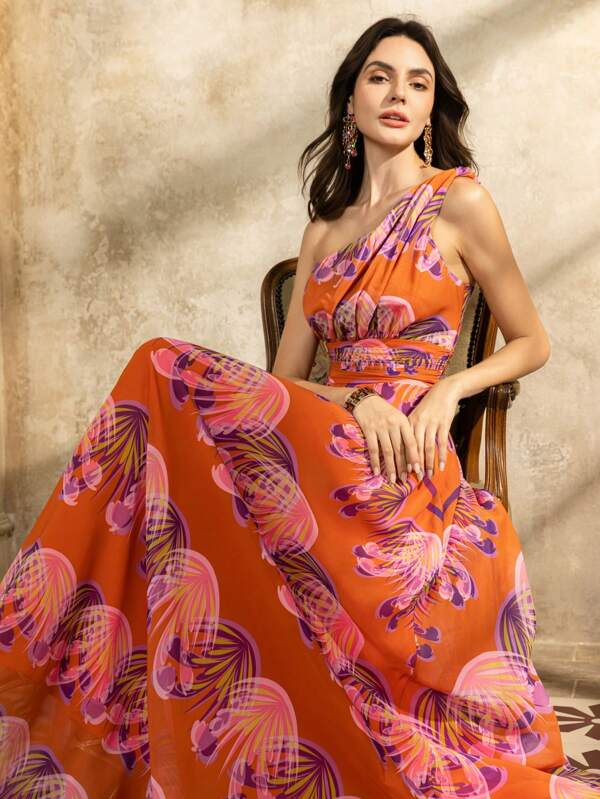 Elegant One-Shoulder Maxi Dress - Vibrant Abstract Floral Print, Cinched Waist & Floor-Length Flow For Evening Galas, Wedding Guest Outfits, Red Carpet Styling