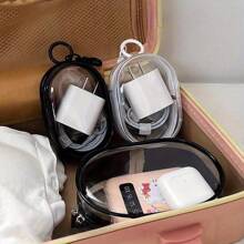 1PC Compact Clear Zippered Storage Bag With Keychain – Portable Organizer For Earphones, Chargers & Travel Accessories