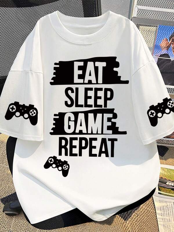 Tricou moale cu mânecă scurtă și imprimeu cu controler de joc pentru adolescenți și băieți, ținută casual de vară pentru gaming, bluze pentru băieți