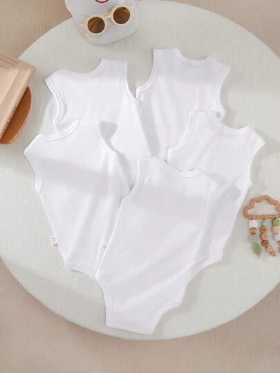 5pcs/Set Newborn Baby Cotton Soft Comfortable Sleeveless Bodysuit Set, Great For Home & Outdoor Use