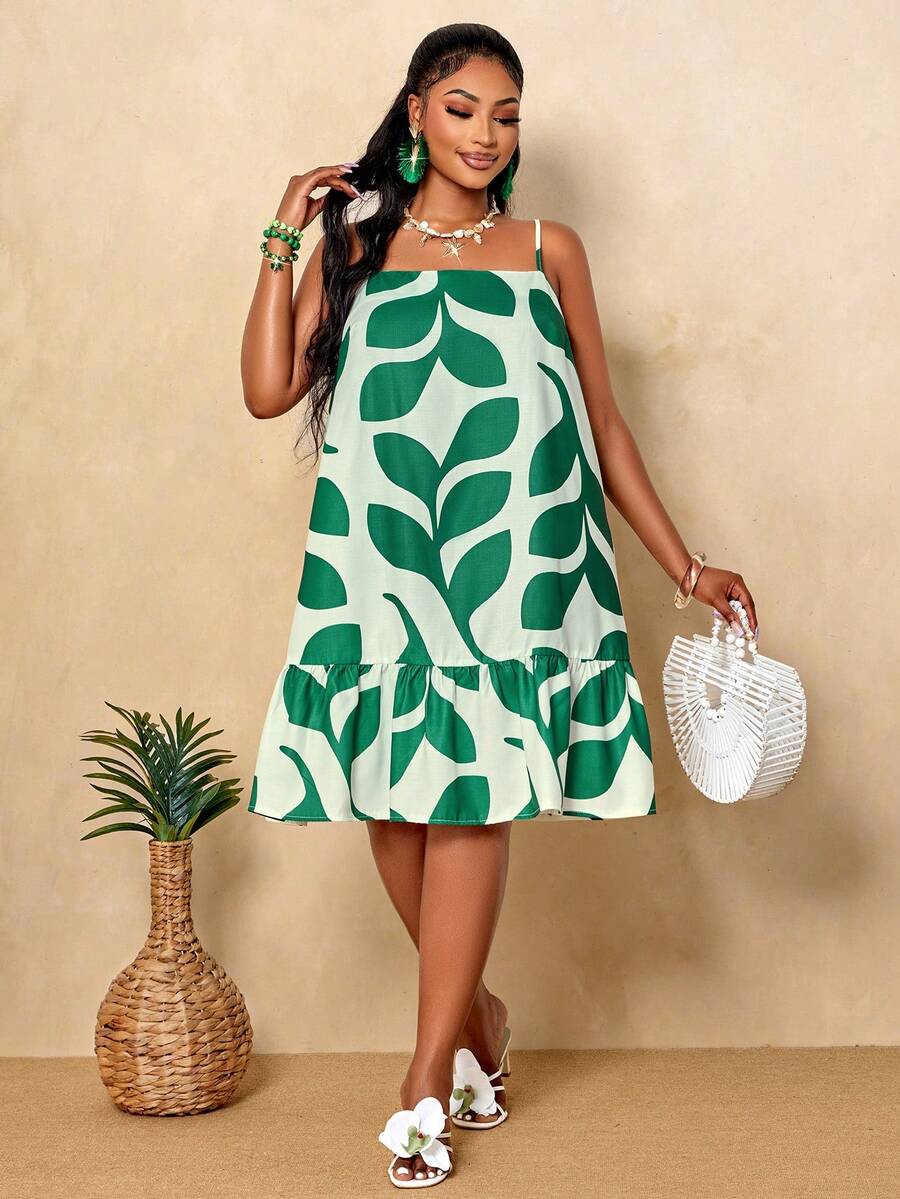 BIUBIU Rochie de vară pentru femei, Plus Size, tropicală, cu frunze verzi, sexy, cu bretele spaghete, cu tiv în straturi, scurtă, plajă, casual, de vacanță, elegantă - Verde - Vizualizare 1