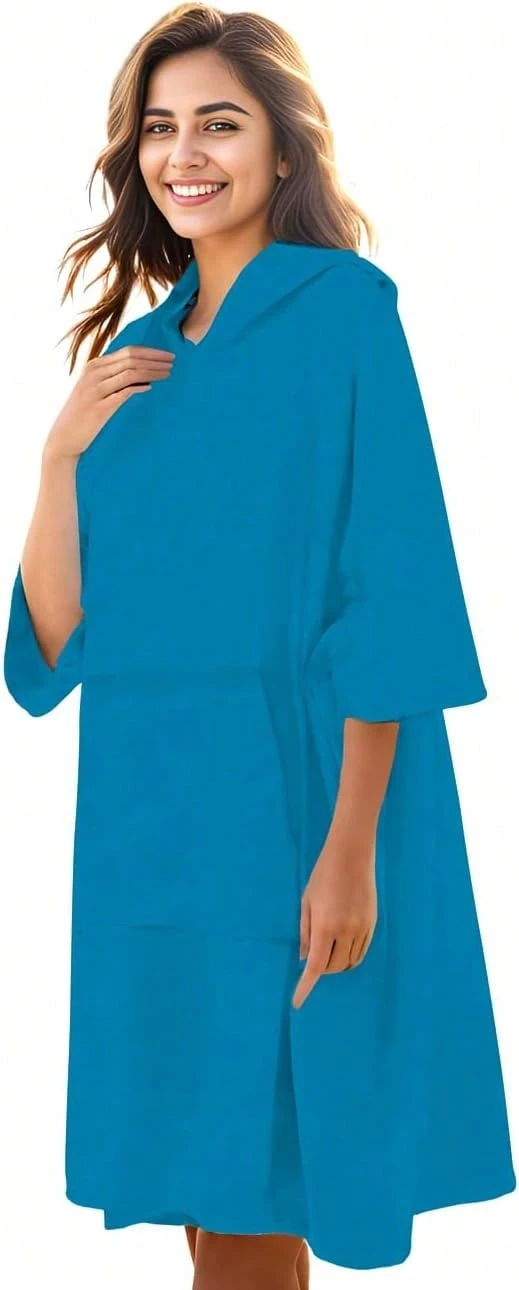 Poncho de surf, toalla de cambio con bolsillo, bata de baño de tejido de rizo de gran tamaño para mujeres, poncho toalla con capucha - Azul - Ver 1