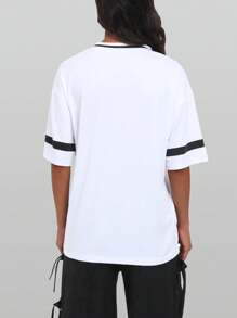 Locker geschnittenes V-Ausschnitt Oversized T-Shirt mit NEW YORK Aufdruck in Englisch und Zahlen Grafik Oberteile für Frauen