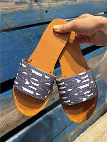 Women's Letter Pattern Casual Flat Slide Sandals - Bleu - View 2