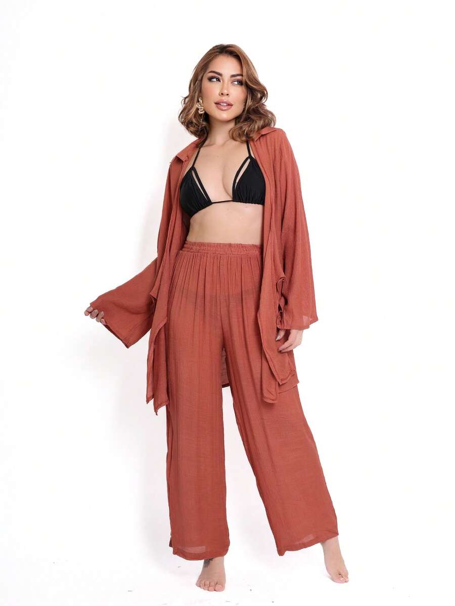 Women's Beachwear Set, Long Sleeve Coat And Simple Casual Pants - Terracota - Ver 1