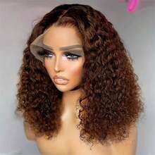 Peruca com frente de renda 13x4 com densidade de 200% cabelo encaracolado castanho, peruca de cabelo humano pré-depenada com cabelo de bebê onda encaracolada profunda peruca de cabelo humano, 12-16 polegadas para mulheres, peruca frontal de renda castanha de 14 polegadas para uso em festivais, praia e festas