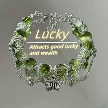 Vintage Y2K Style Cracked Glass Bead Lucky Wealth Bracelet, Butterfly Pendant - Perfect Gift For Women