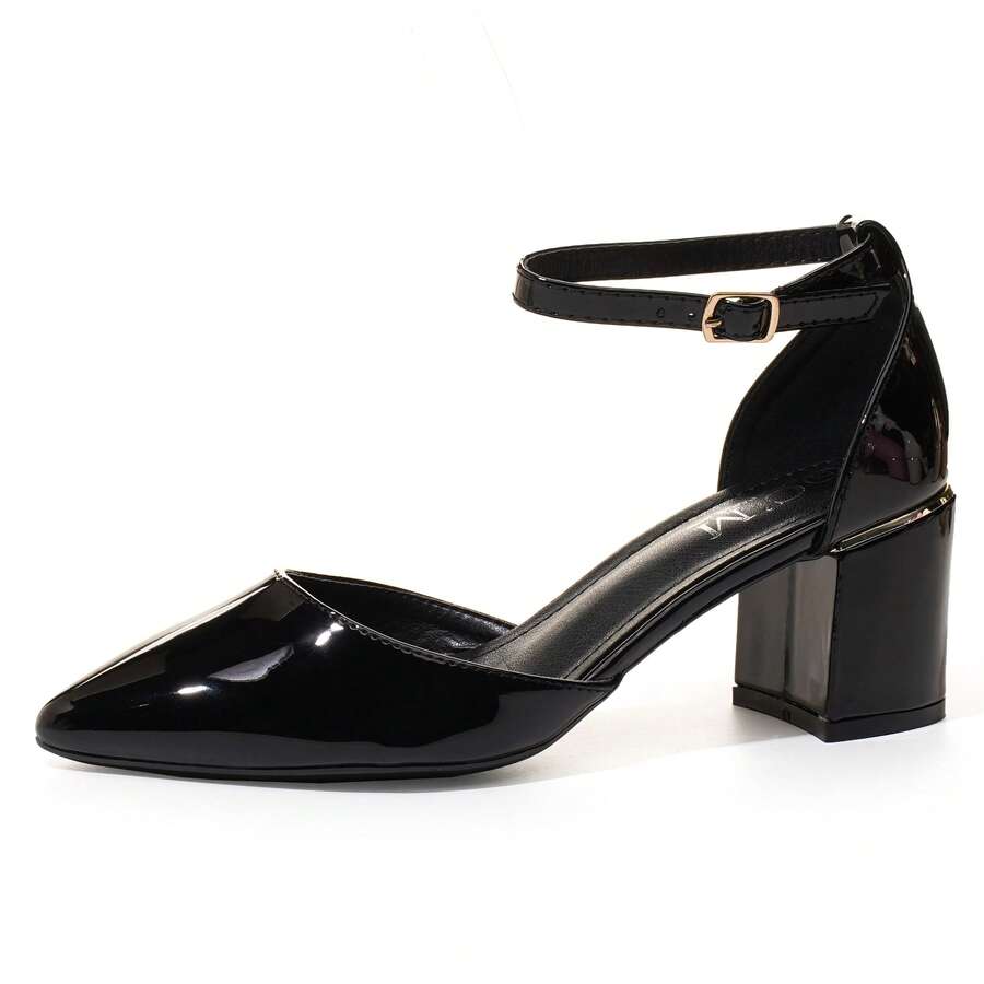Women's Pointed Toe Chunky Heel Shoes With Ankle Strap, Elegant Design - Black - View 1