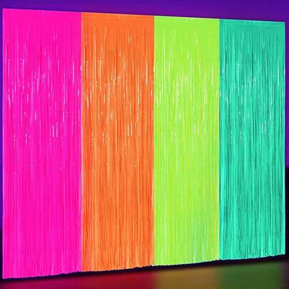 4 Packs Foil Fringe Curtain (3.3x6.6 Ft) - Glow In The Dark Sequin Backdrop, Photography Prop, Birthday Party, Neon Party Decor, Bachelorette Party, Rave Party, New Year Party, Halloween, Disco, Prom, Gender Reveal Party, Club Party - Green, Rose Red, Yellow, Orange
