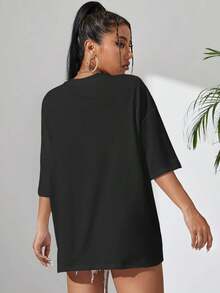 Camiseta gráfica de hombros caídos y sobredimensionada con diseño de letras, blusas gráficas para mujer, unisex - Negro - Ver 2