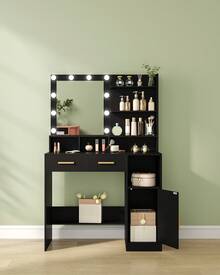 Schminktisch mit Spiegel und 10 LED-Beleuchtung, Einstellbare Helligkeit, Schminkkommode mit 2 Schublade & 1 Schrank, 3 Ablagen & 4 offenen Fächern