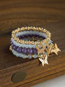 4条装女孩波西米亚创意手链 女孩饰品 蝴蝶水晶多层串珠时尚手链