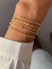 5pcs Fashionable Heart Copper Bead Multilayer Bracelet Set, Unisex Accessories For Daily, Work, Party
