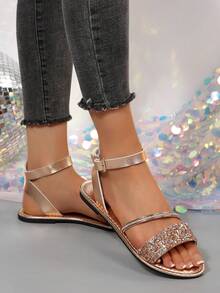 新款大码女式舒适简约圆头水钻皮革平底凉鞋，夏季休闲时尚户外沙滩鞋 - 玫瑰金 - 查看 4