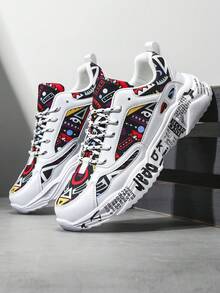 Men's Versatile Multi-Color Random Geometric Pattern Patchwork Chunky Sneakers, Fashionable Lace-Up Front Comfortable Lightweight Outdoor Sports Couples Sneakers ,Gym 2000s Style Valentine's Day Ideas