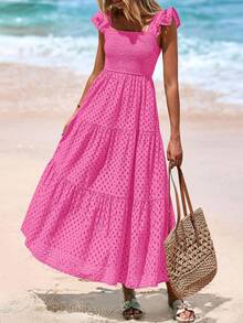 Women's Summer Square Collar Long Dress With Sleeve Cap Hole Eye Ruffles Layered A-Line Casual Vacation Long Skirt With Pockets - 熱粉紅色 - 查看 4