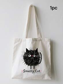 1pc Fashion "Smelly Cat" Printed Canvas Women's Handbag Shoulder Bag Tote Bag - Large Single Shoulder Handbag With Fixed Strap, Perfect For Shopping, Beach, Work, Travel, Fitness, Grocery And Outdoor Activities, Beach Tote Bag | Playful Printed Tote Bag | Sturdy Handle Handbag, Back To School Gift, Graduation Gift, Birthday Gift, Thanksgiving Gift, Teacher Gift, Christmas Gift, New Year Gift, First Choice Gift, Washable And Reusable