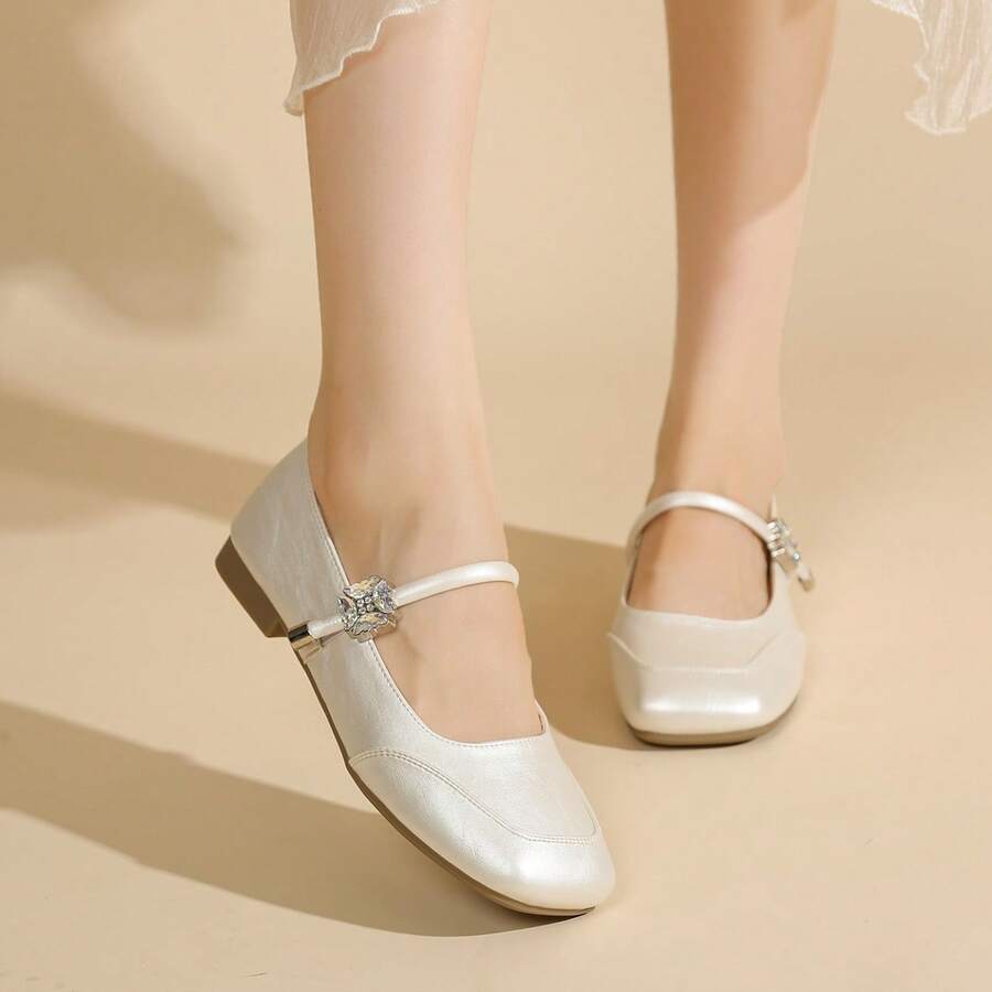 Nuevos zapatos planos tipo Mary Jane de primavera y otoño, estilo francés casual y cómodo, punta cuadrada lisa - Blanco - Ver 1