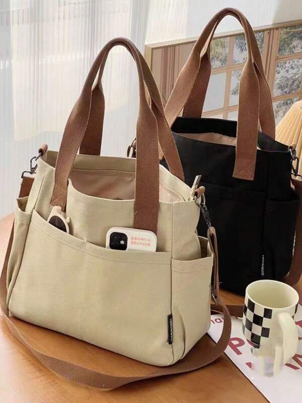 Large Capacity Durable Tote Bag - Simple Fashion Style, Solid Color, Zipper Closure, Shoulder Bag For Work, Commuting, College, And Book Carrying